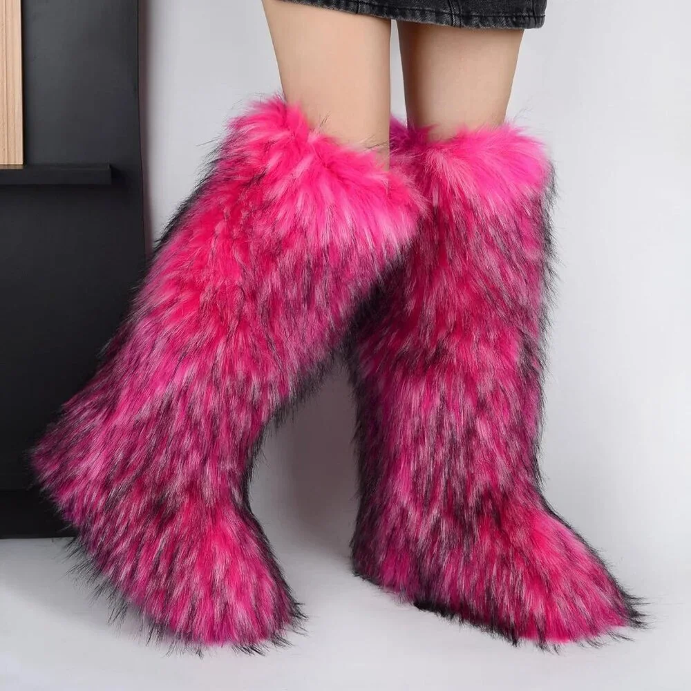 ⚡Women Rose Red Faux Fur Fluffy Cosy Round Toe Knee High Warm Outdoor Fur Boot